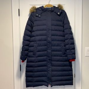 Boden Navy Blue Puffer Coat with Faux Fur Trim Hood